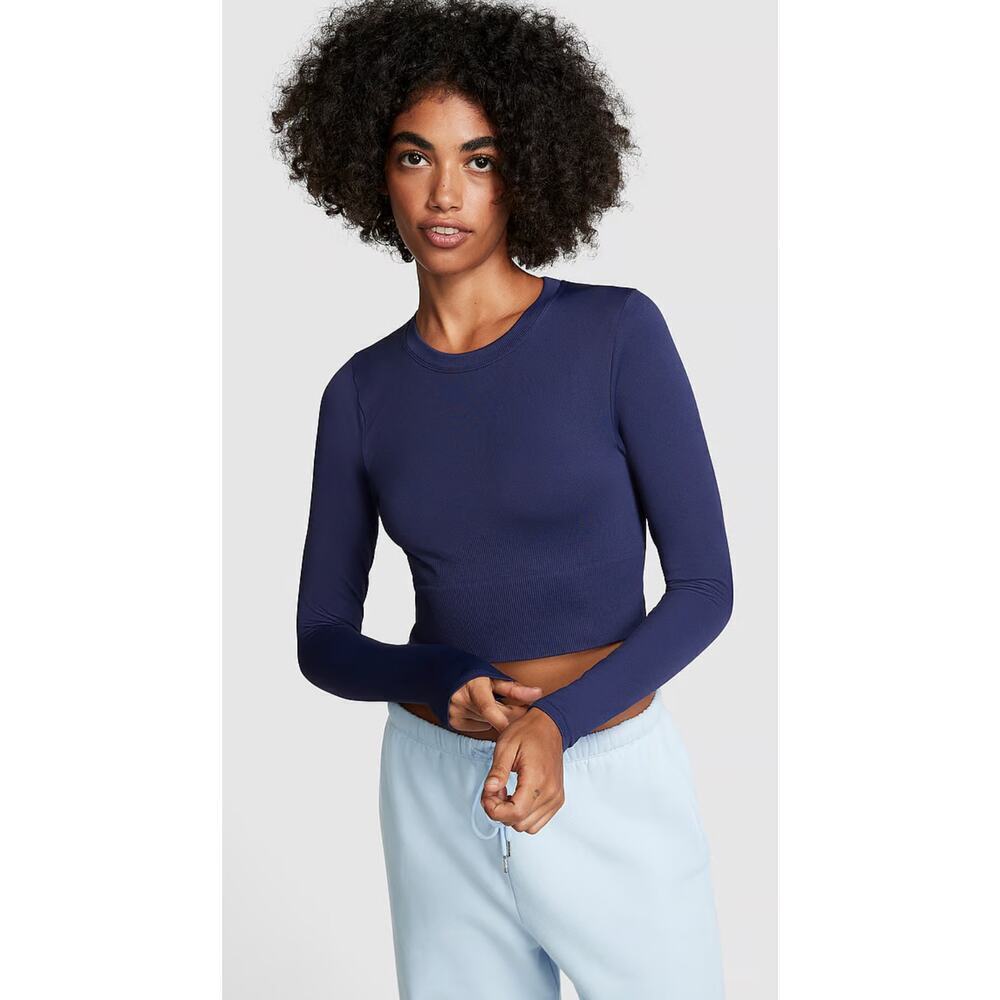 Victoria’s Secret PINK Seamless Long-Sleeve Crop Top Midnight Blue XL Athletic